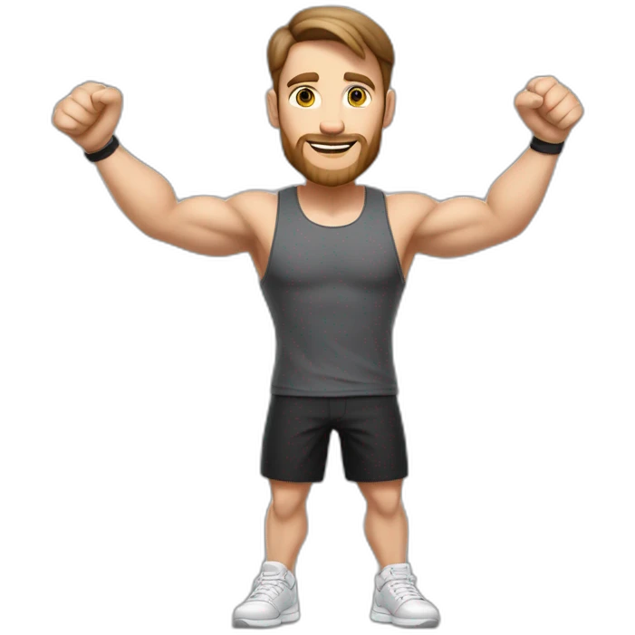 Full height realistic Actively gesturing with hands Pale skinned Fit Man With the biceps and brown hair in dark gray Sleeveless Mike, black oversize sports shorts, watch and white Sneakers emoji