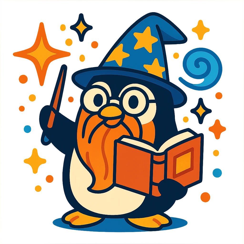 cartoon penguin wizard with glasses, a long beard, and a spellbook, surrounded by magical effects emoji