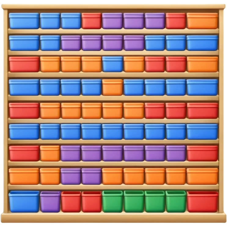 "Each product is stocked in multiple units placed directly behind one another on the same shelf, forming deep horizontal lines of identical items, while different product types are arranged vertically in separate columns." emoji