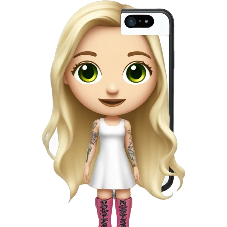 Realistic White girl with Long straight blonde hair, green eyes, tattoos, full body wearing white dress and pink knee-high leather boots, doing cute selfie pose emoji