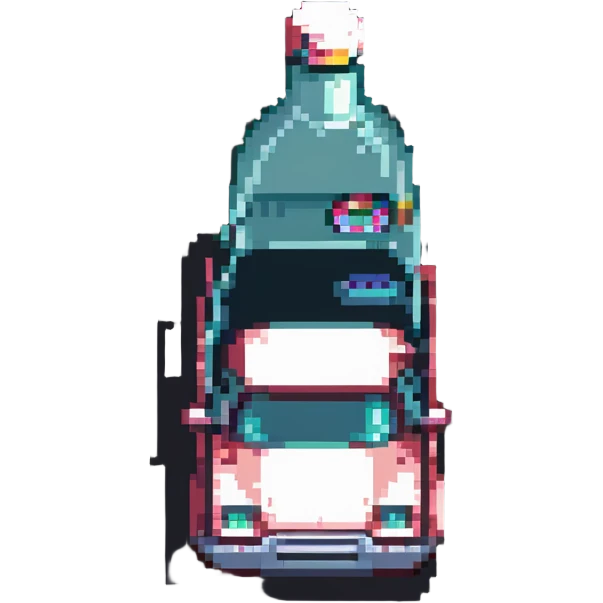pixel art of a car swerving with a bottle nearby, representing drunk driving emoji