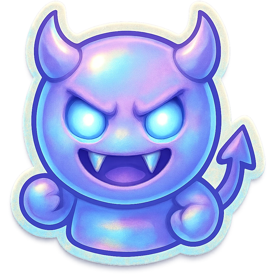 devil emoji, chibi style, holographic effect, iridescent soft purple and sky blue, sharp fangs, glowing eyes, dramatic shadows emoji