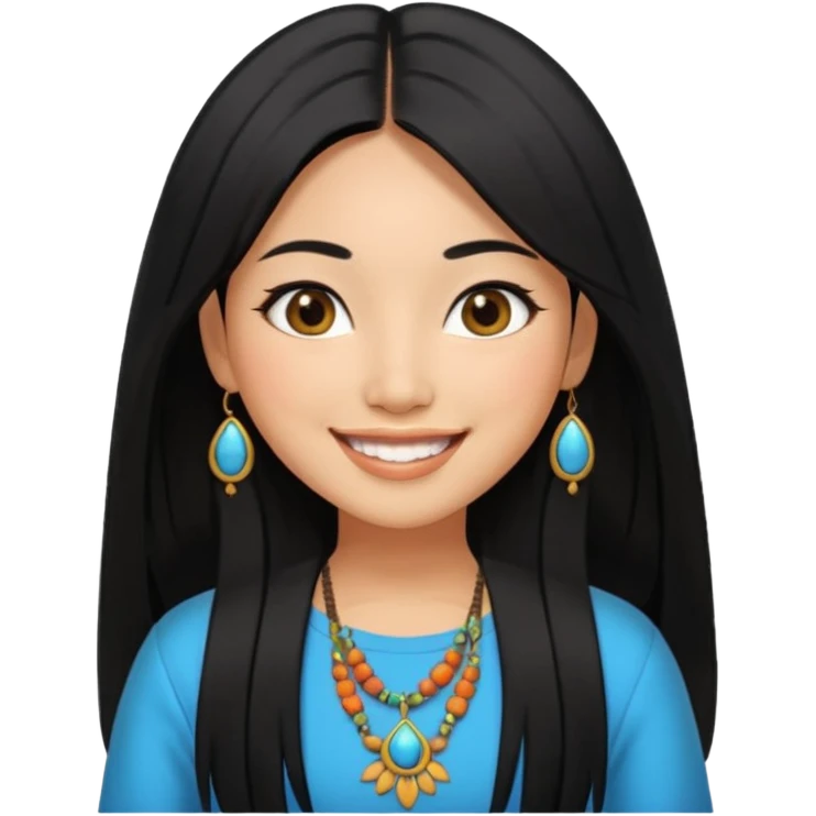 30 yr old asian woman hair trendy clothes center part big eyes big smile tanned skin straight black hair hippie part hair  emoji