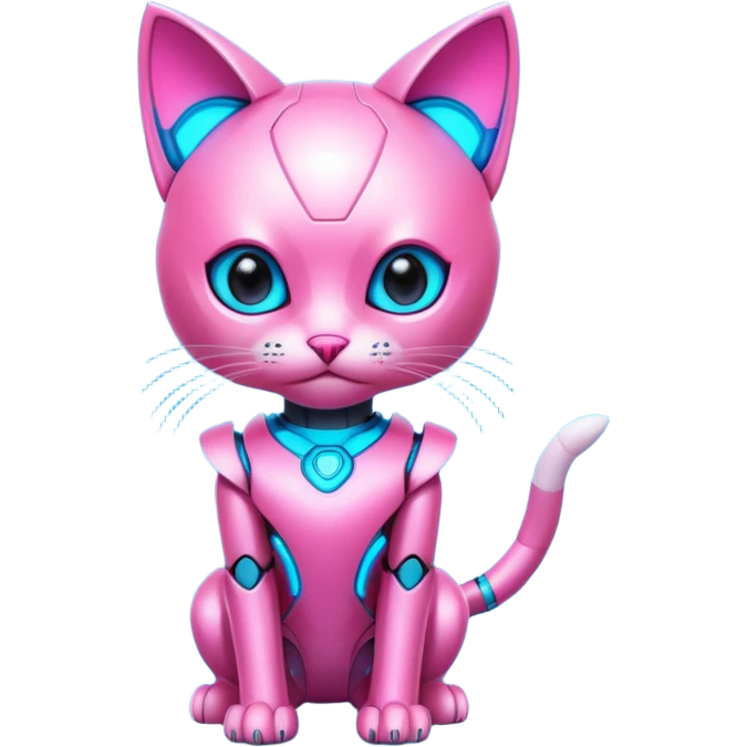 Robot kitten with pink and neon blue eyes and neon dress emoji