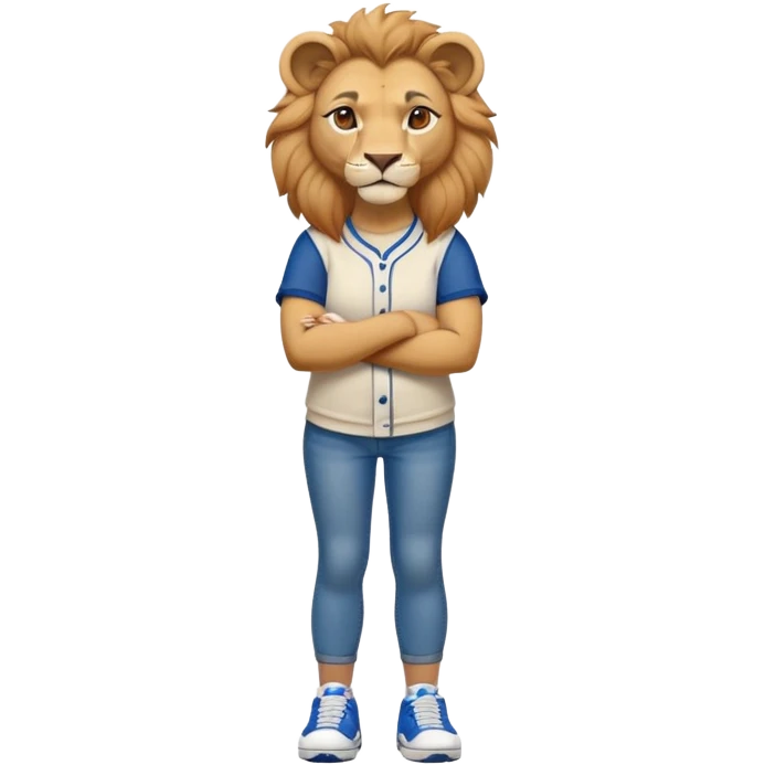 friendly anthropomorphised female lion wearing a baseball shirt, jeans, trainers, standing upright with arms folded, looking strong and confident emoji