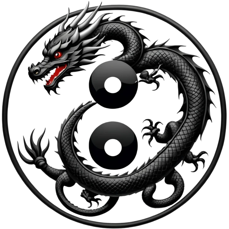 An icon symbolizing Eastern martial arts in the style of an emblem, with a black-and-white Yin-Yang symbol at the center. A dragon is placed on either side, representing strength and wisdom. The design includes bamboo and traditional elements. Transparent background emoji