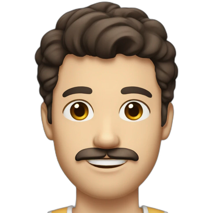 A young Caucasian man with dark brown, almond-shaped eyes, short dark brown hair, and a small dark brown beard with a more prominent mustache. emoji