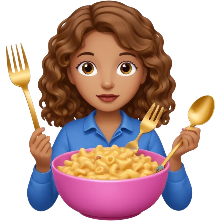 tan girl with brown wavy hair and blue eyes eating mac and cheese out of a pink bowl with a gold fork emoji