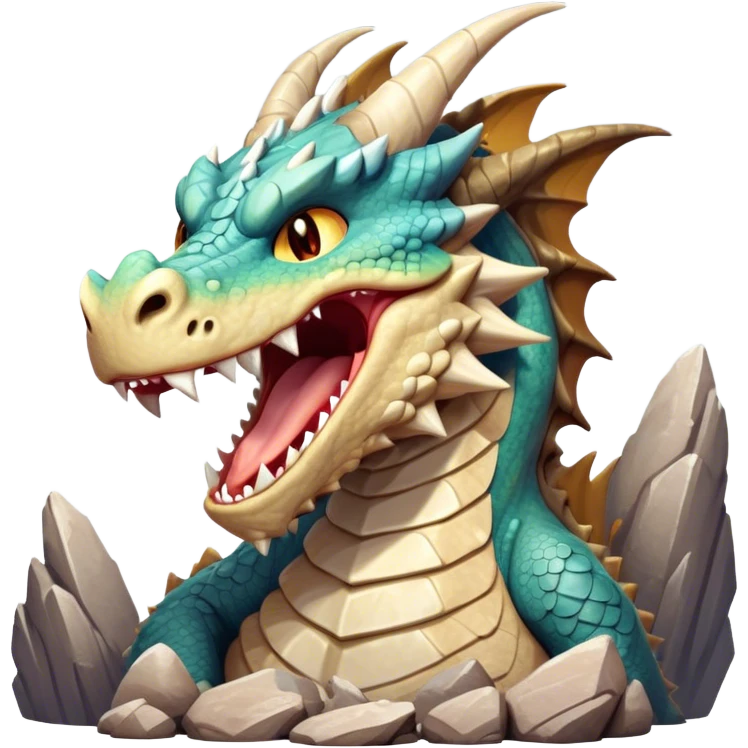 Cinematic Cute Yawning Giant Rock Dragon Portrait Emoji, Head tilted slightly with a dramatic, wide-open yawn, revealing a colossal, rugged body with weathered, rock-like scales and subtly drooping, earthy features rendered in authentic, stony texture; high shine, relaxed yet powerful, styled with a dash of timeless geological charm, soft glowing outline, capturing the essence of a sleepy but stoic rock behemoth ready to settle into an ancient, enduring slumber! emoji