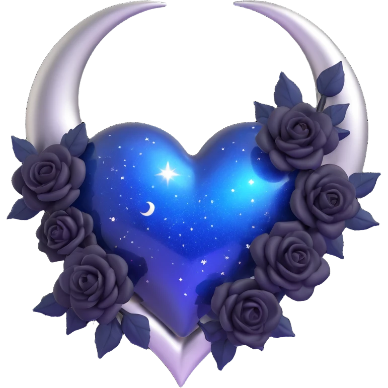 3D emoji gothic heart, midnight blue glass material, silver crescent moon, tiny black roses, shimmering stardust, mysterious and rich style emoji