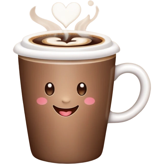 A smiling hot coffee cup with heart-shaped steam, mocha brown tones, kawaii soft hand-drawn sticker style emoji