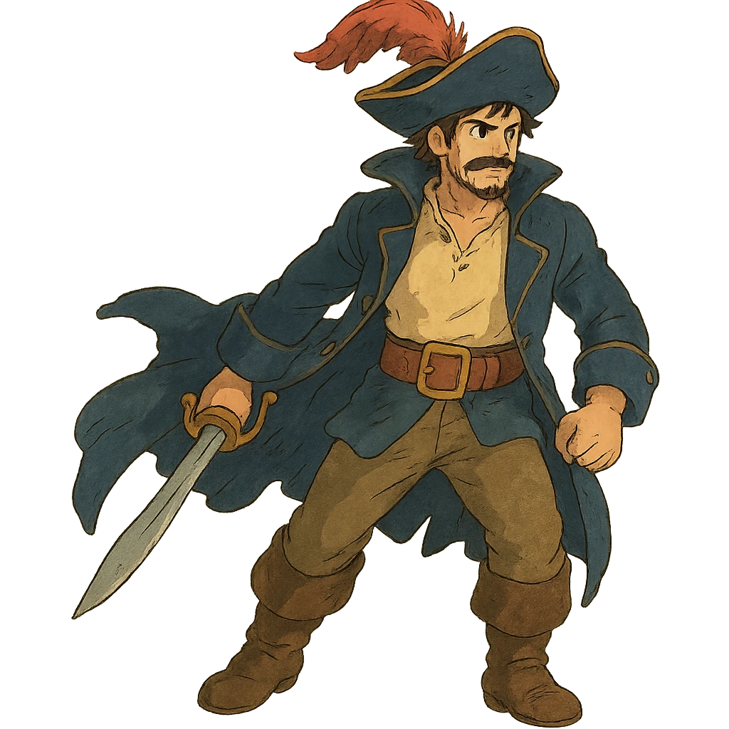 ghibli style pirate with flowing coat and feathered hat emoji