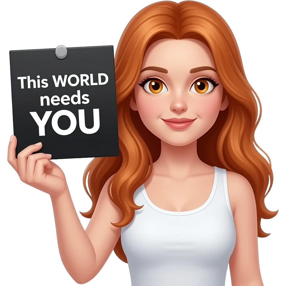 sexy girl with long ginger hair and ginger eyes wearing a white tanktop is holding a black sign with This WORLD needs YOU written on it emoji