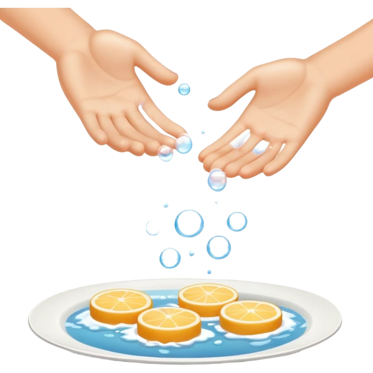 hands under running water with soap bubbles, plate of food nearby, clean and friendly emoji