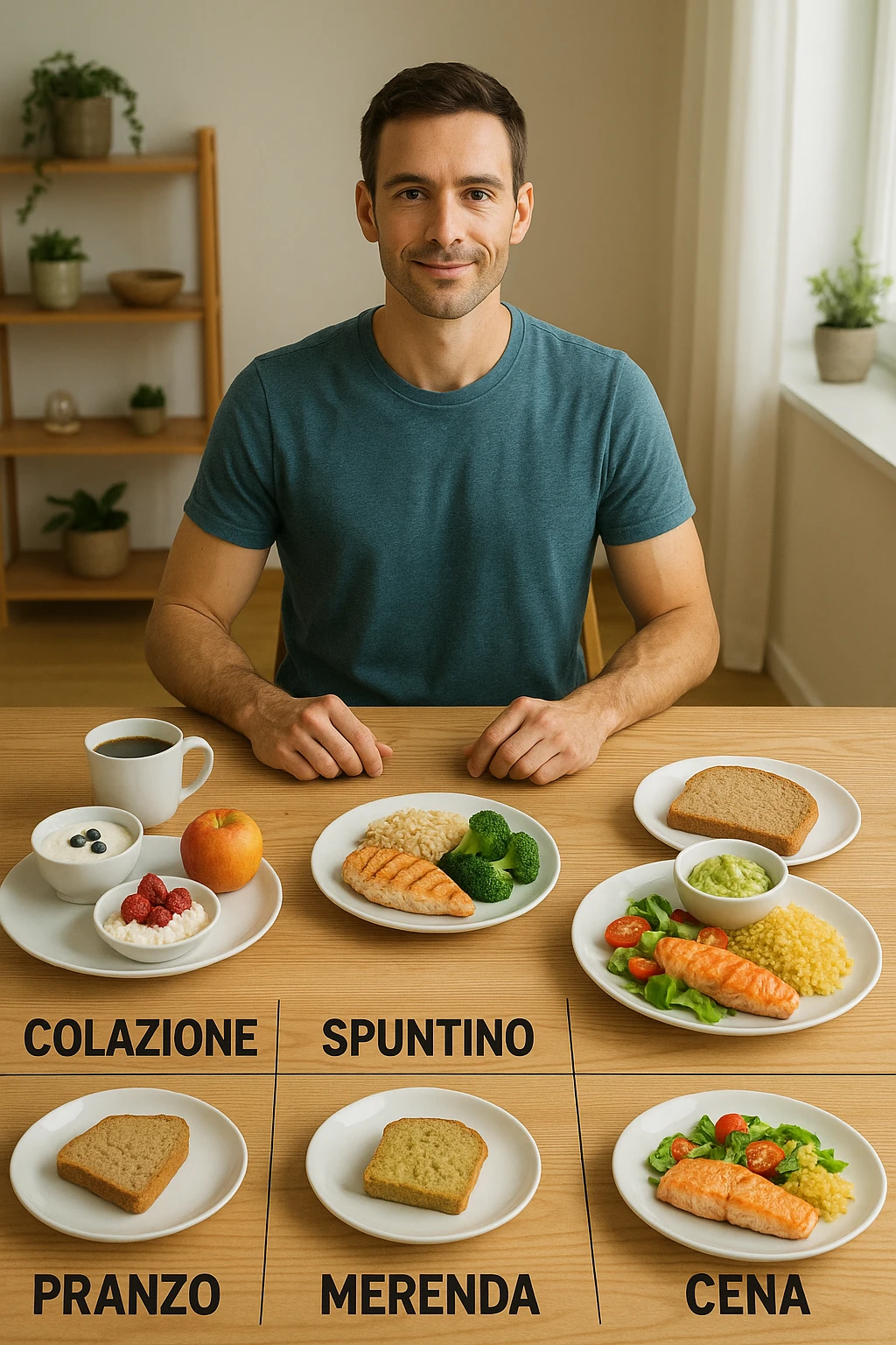 Uomo sereno con fisico sano e asciutto seduto davanti a un grande tavolo diviso in 5 sezioni, ognuna con un pasto bilanciato: colazione, spuntino, pranzo, merenda, cena. Ogni piatto ha porzioni equilibrate di proteine, carboidrati e grassi salutari. Ambiente ordinato, stile di vita sano, luce naturale, atmosfera di consapevolezza nutrizionale. in italiano emoji
