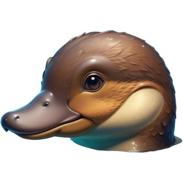 Cinematic Cute Platypus Portrait Emoji, Head tilted playfully and inquisitively, featuring a glossy brown fur with a charming, flat duckbill and round, sparkling eyes brimming with quirky wonder, Simplified yet irresistibly adorable features, highly detailed, glowing with a warm, friendly glow, high shine, affectionate and whimsical, stylized with a touch of aquatic playfulness, bright and endearing, soft glowing outline, capturing the essence of a mischievous yet lovable platypus, so playful it feels like it could waddle out of the screen into your arms! emoji