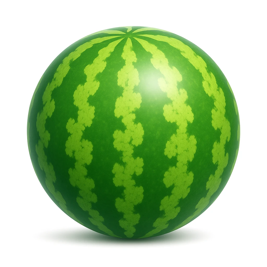 Create a watermelon emoji that looks exactly like the reference image (ignore the crocodile) in the style of iOS emojis. The emoji should have a 3D appearance with shiny, smooth gradients, soft shadows, and a realistic watermelon texture, capturing the classic emoji look. Add a soft shadow under the watermelon. emoji