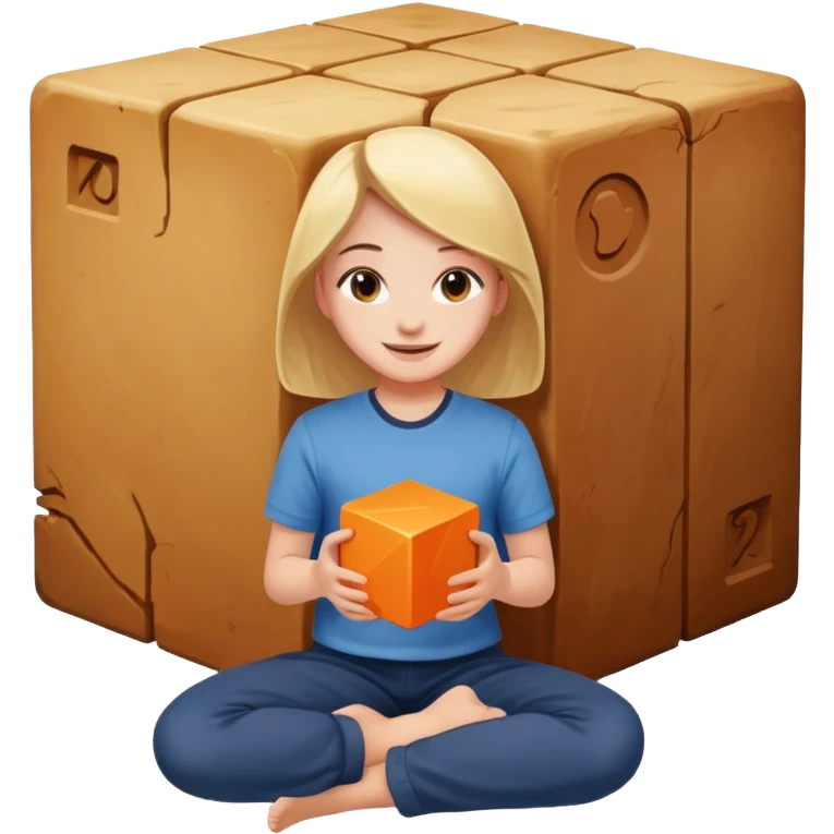 Стдуент, который аккуратно и с улыбкой ставит большой кубик на землю, словно строит фундамент. Ощущение безопасности и начала пути. emoji