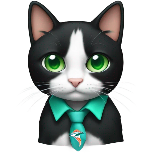 Tuxedo cat with green eyes wearing miami dolphins shirt  emoji