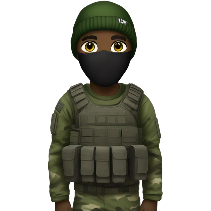 male, tall, white skin, call of duty Logan mask, green camo tactical gear, combat boots, black beanie, hazel eyes emoji
