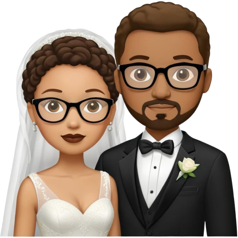 light-skinned African American woman with glasses in a wedding dress and light-skinned man with a black goatee in a tuxedo emoji
