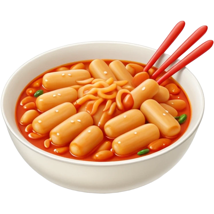 bowl of tteokbokki, Korean spicy rice cakes, glossy 3D look, soft shadows, white background emoji