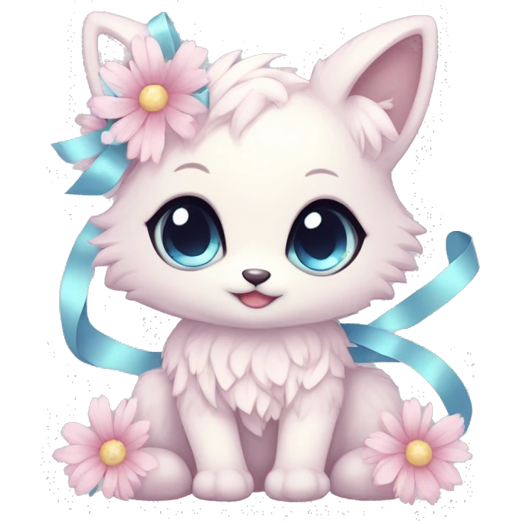 Anthro Cute Cool Blushing Pastel Innocent Shy Kawaii gorgeous sparkly ethereal fantasy animal creature with blue eyes furry sona with flowers and ribbons beautiful aesthetic emoji