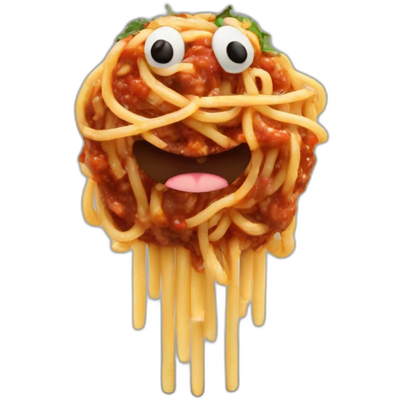 Spaghetti and meatballs with a face, arms and legs, doing something random emoji