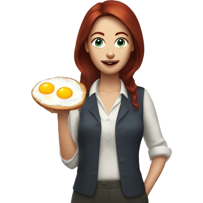 Woman with dark red hair, blue eyes holding fried eggs emoji