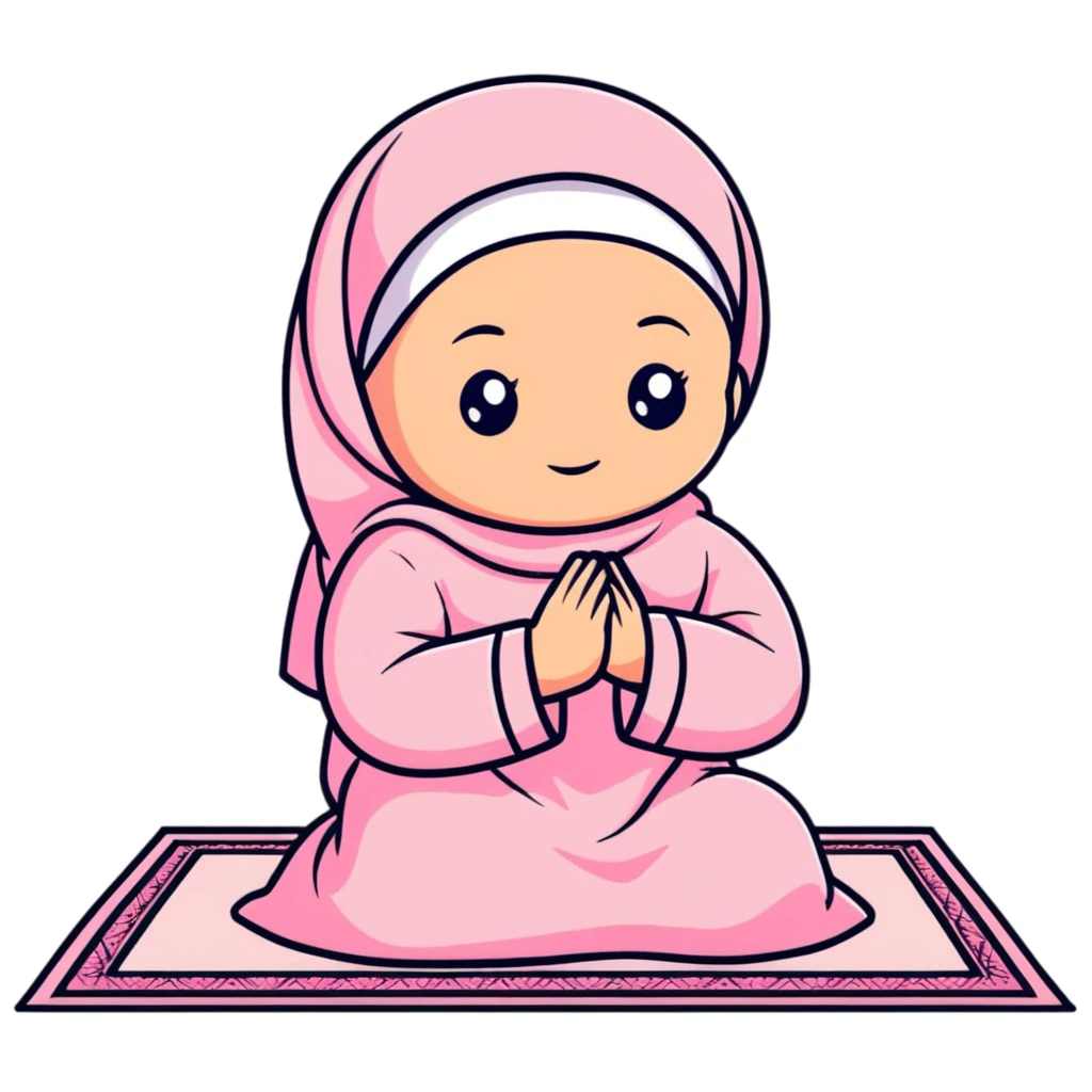 baby Muslim girl wearing pink dress on a light pink prayer rug emoji