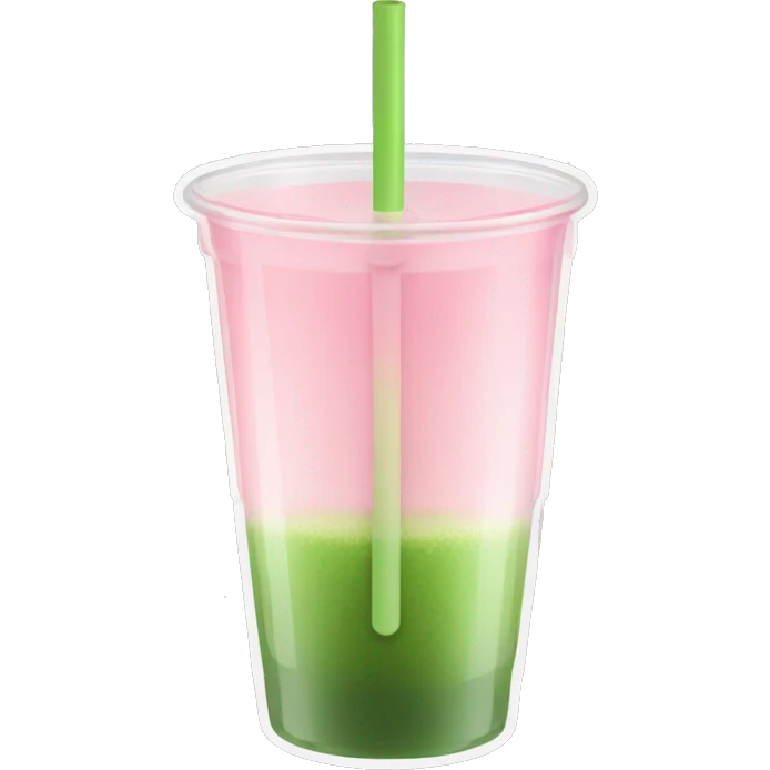 Clear cup. The bottom half of the cup has a light pink liquid, and the top half is matcha green. A transparent straw sticks out.  emoji
