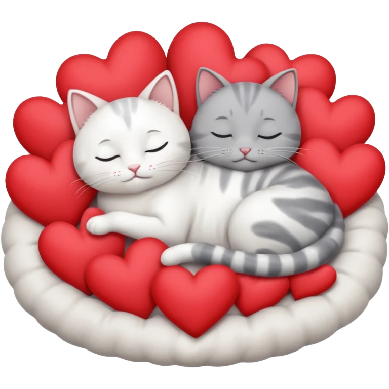 White cat and gray cat sleeping in a bed full of hearts emoji