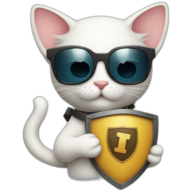 Cat with sunglasses holding a mouse on it’s tail with a shield saying ‚TOM‘ emoji