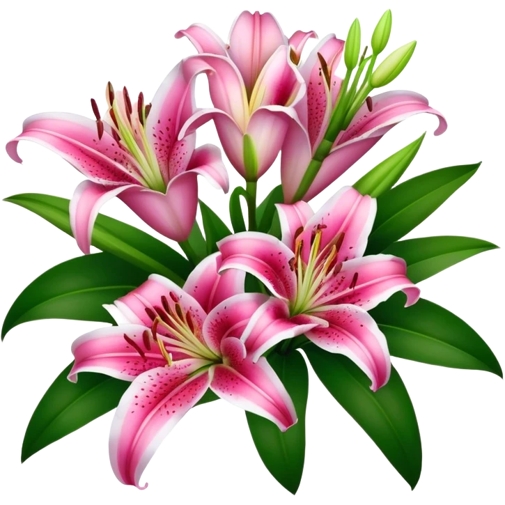 bouquet Deep Pink Oriental Lily with White Edge, luxuriant, leaf, bud emoji