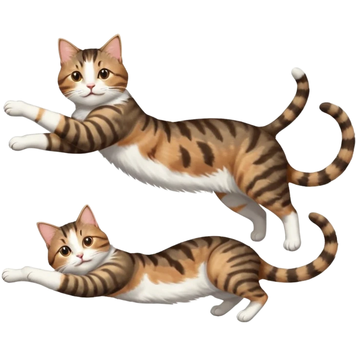 brown tabby and white cat with doing a big extremely long stretch reaching up into the air with arms and legs side by side together straight and overextended whilst lying on its side emoji