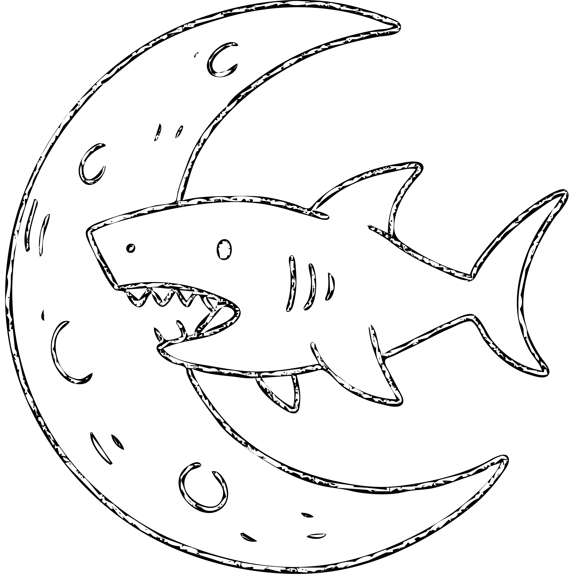 moon with a shark hand drawn outlined icon emoji