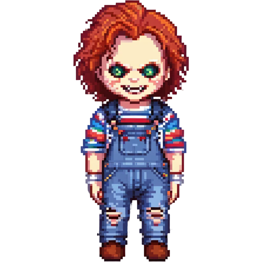 Make Chucky scarier by adding sharp teeth, glowing red eyes, and a more sinister smile in pixel art style. Keep the red hair, striped shirt, and overalls, with no background. emoji