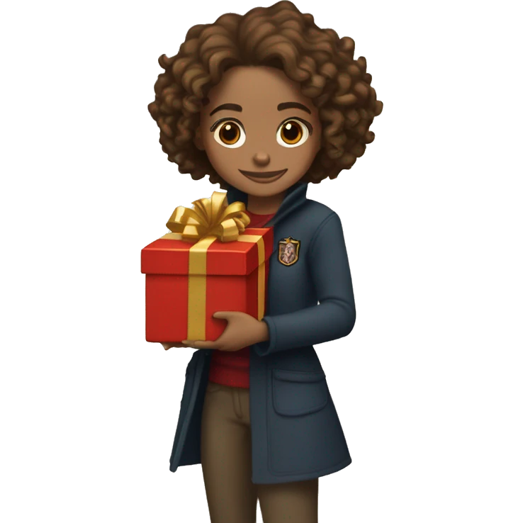 Hermione Granger (with Harry Potter film) holding a stack of Christmas presents, with a warm, festive smile, standing in front of a twinkling Christmas tree emoji