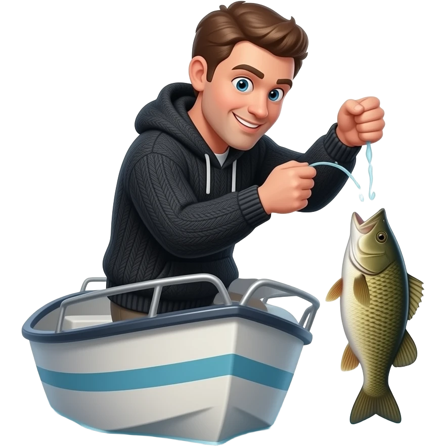 a guy with a black sweater with the hood up that dropped his bass fish in the water off the boat emoji