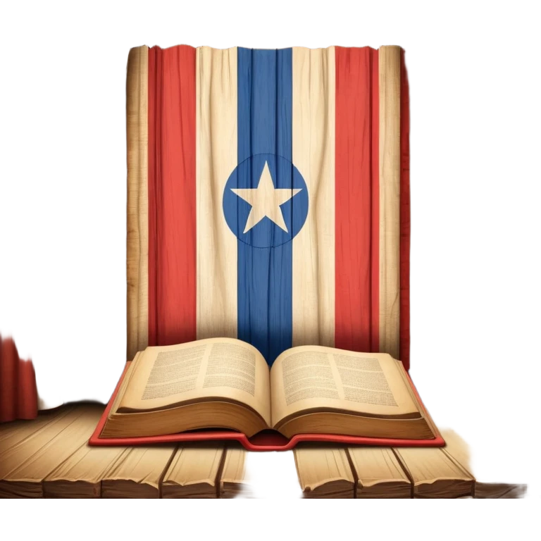 Ancient book with Puerto Rican flag subtly integrated on cover, carved wooden theater curtains symbol, warm vintage textures, soft glow representing timelessness and theatrical design heritage emoji