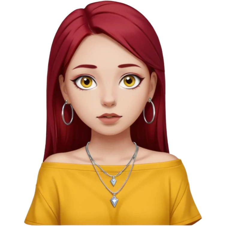 generate a pretty bratz girl in , dark brown eyes. Dark red hair straight long. wearing a yellow oversized tee falling off her shoulder, dainty silver necklace, silver hoops, septum piercings. big eyeliner emoji