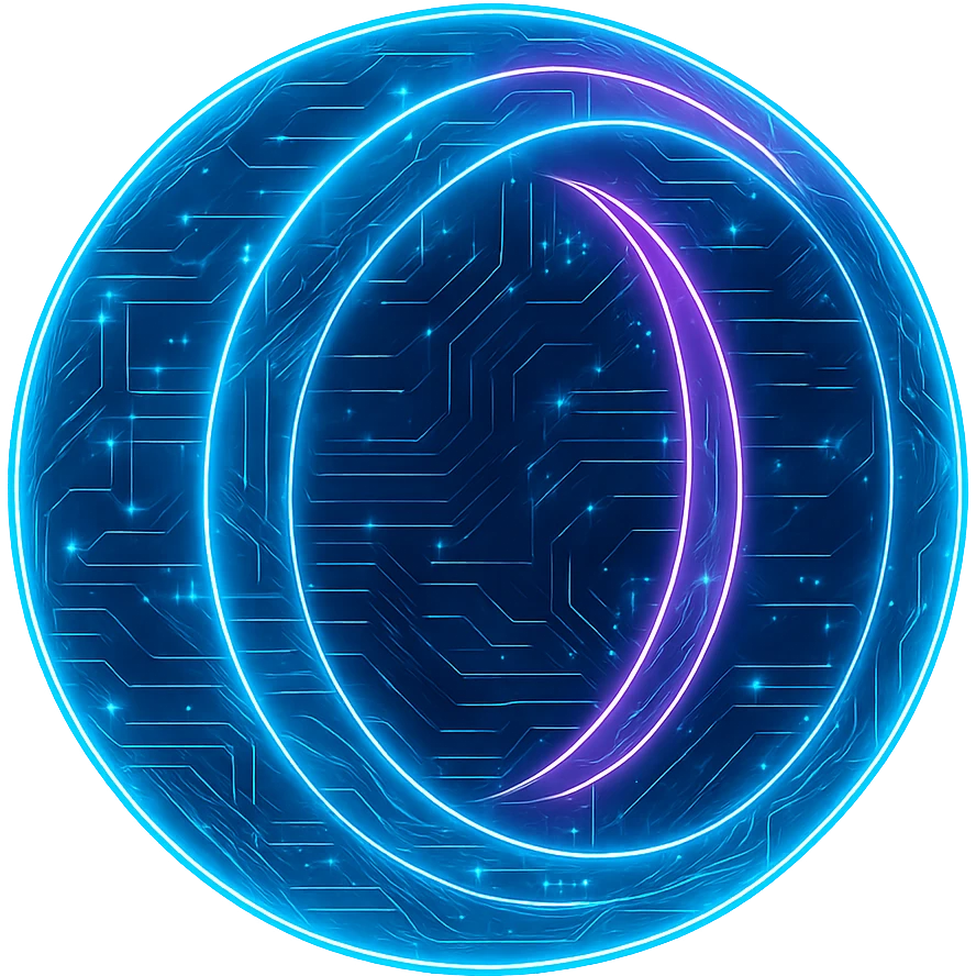 Transform the Opera GX logo into a cyberpunk, holographic style with glowing neon blue and pink edges, circuit patterns throughout the entire icon, and a transparent background. Maintain the recognizable Opera GX double-circle shape, overlaying neon and circuit effects in the same futuristic, clean style as previous cyberpunk icons. The whole icon should have a consistent cyberpunk glow and intricate circuit details in a futuristic, clean style. emoji