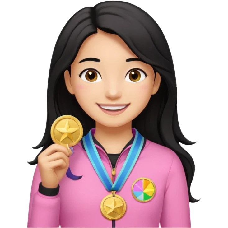 black haired girl wearing pastel pink with one medal, remove any hats, make her smile, make her hair longer, make her tan. no blue please and i said one medal only emoji