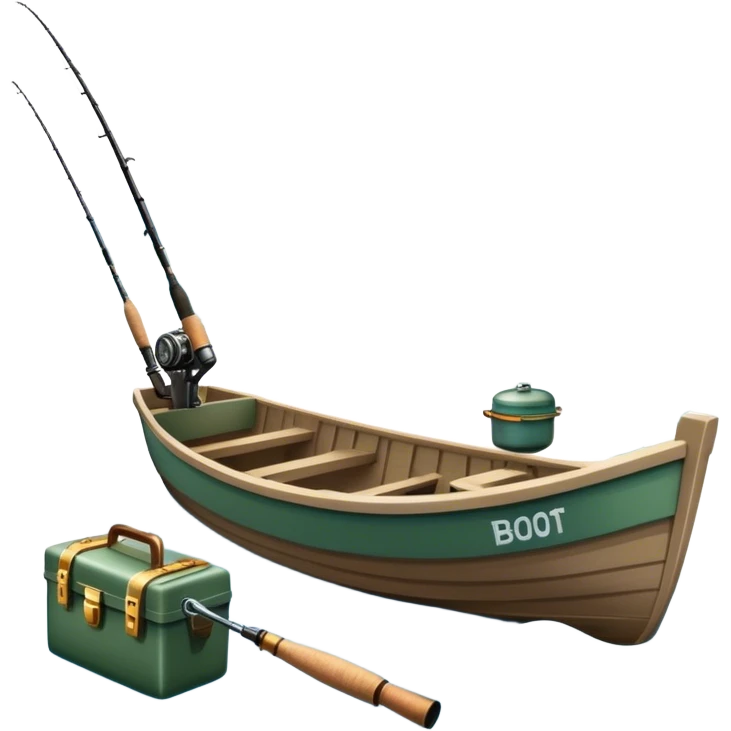 Icon for Fishing: a fishing boat by a water body with a beautiful nature backdrop, a spinning rods, fishing boots, and a fishing tackle box. The icon should evoke the peaceful and adventurous spirit of fishing. Transparent background. emoji