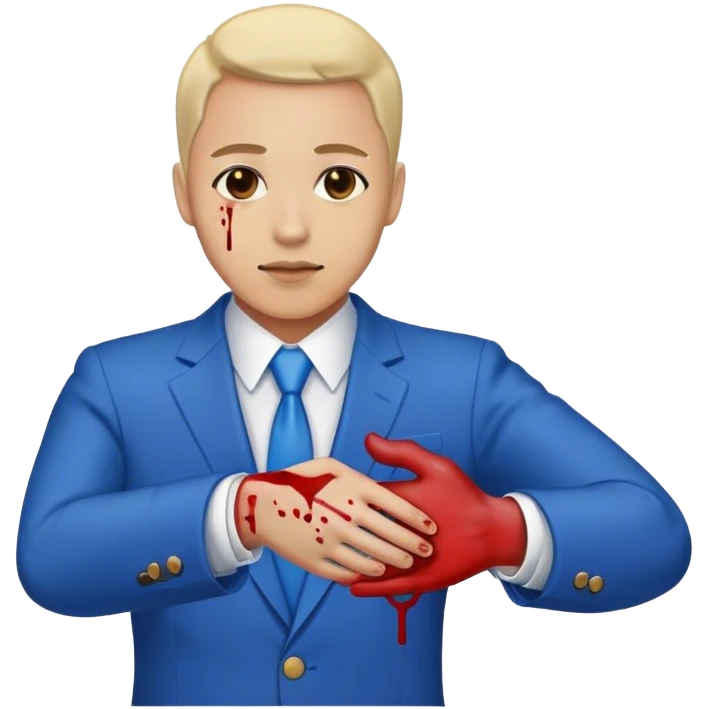 plastic handshake, hands in blue suits, blood on one of the hands emoji