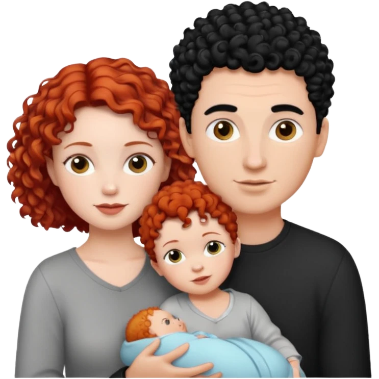 Create a picture of a family of three: a white woman with short, curly red hair, a white man with black hair, and a white baby girl with curly black hair. emoji