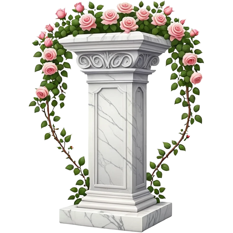 White tall marble pedestal with vines growing and gorgeous roses flowers beautiful romantic scenery garden scenic  emoji