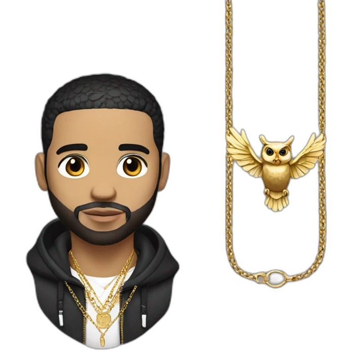 Drake (the artist) wearing a gold chain with an owl pendant  emoji