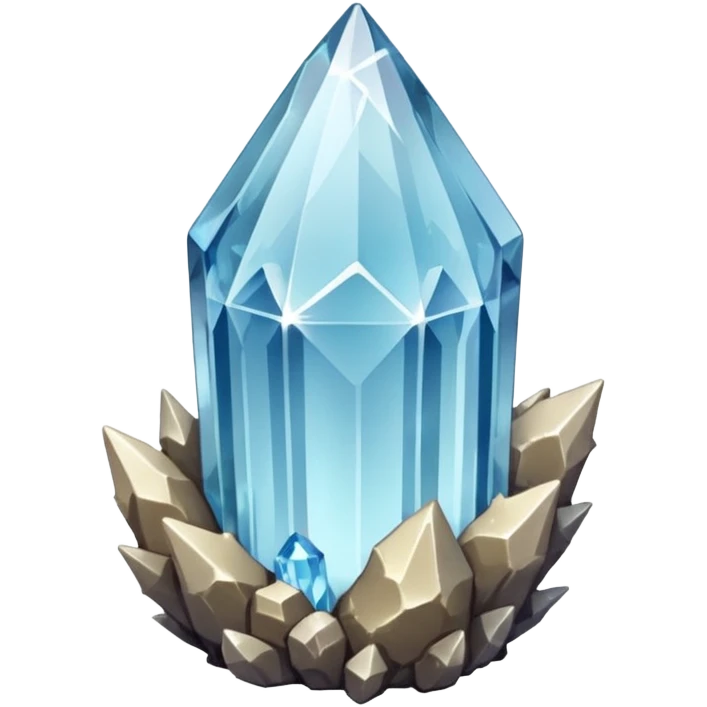 A single crystal rock inspired by a clear quartz cluster, amorph base with many tall transparent crystal spikes growing upward all around it with a face emoji