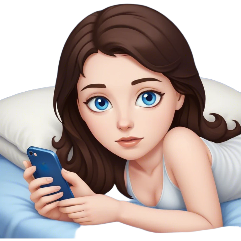 Brunett white girl with blue eyes, laying on stomach  In bed at night , using her iPhone emoji